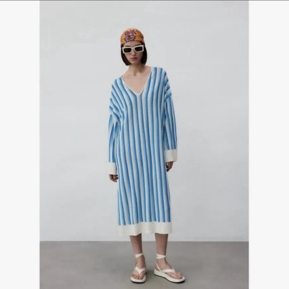 Zara Dresses Zara Blue And White Striped Linen Vneck Tunic Dress Poshmark